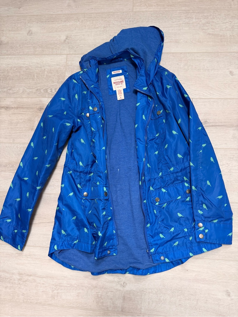 Blue Hooded Rain Jacket with Bird Print